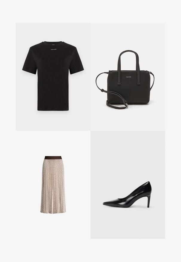 Sort bomulds t-shirt med korte ærmer, rund halsudskæring og lille hvid "Calvin Klein" logo på brystet. Glat tekstur, klassisk pasform.; Plisseret beige midi-nederdel med subtil geometrisk mønster og mørk talje, der har det præget "JOOP!" logo.; Sort læder højhælede sko med spids tå, glat tekstur og en taperet hæl. Minimalistisk design uden yderligere udsmykninger.; Sort håndtaske med to korte håndtag og en aftagelig skulderrem. Glat læderagtigt materiale med lynlåslukning og logo detaljer.