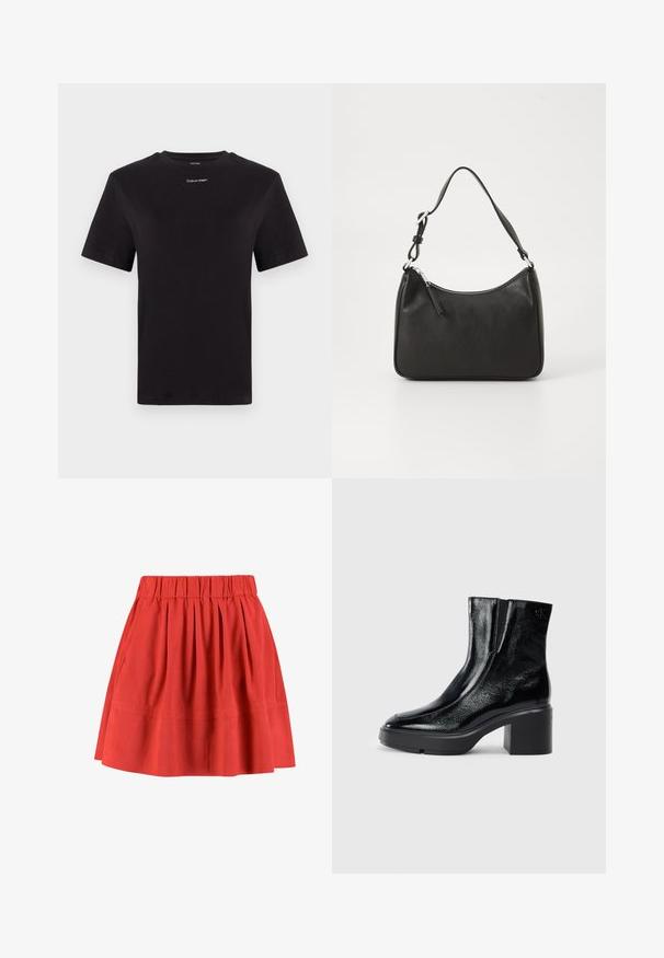 Must musta t-särk lühikeste käistega, ümberringi kaelusega ja väikese valge "Calvin Klein" logo'ga rinnal. Sile tekstuur, klassikaline lõige.; Moves KIA - Voltidega seelik - mineral red; Mustmustest must paeltega särkide, millel on kõver varvas, elastsed külgpaneelid ja jäme plokkpealse. Tagaküljel on reljeefne logo.; Must musta käekott, millel on kumer kuju, üks rihm, lukuga sulgemine ja peen brändimine esiküljel. Sile tekstuur, minimalistlik disain.