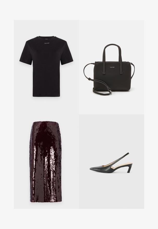 Juodas medvilninis marškinėliai trumpomis rankovėmis, apykaklė, su mažu baltu "Calvin Klein" logotipu krūtinėje. Lygus paviršius, klasikinis siluetas.; Burgundi paspelio sijonukas su lygiu paviršiumi ir blizgesiu. Tiesi silueto forma, iki kelių ilgio ir visiškai dekoruotas seklumais.; Juodas smailus slingback batelis su žemu kulnu, pagamintas iš lygaus odos paviršiaus ir su išpjovomis šone, užtikrinančiomis oro pralaidumą.; Juoda rankinė su dviem trumpais rankenėlėmis ir nuimamu petį. Lygaus odos tipo medžiaga su užtrauktuku ir logotipo detale.