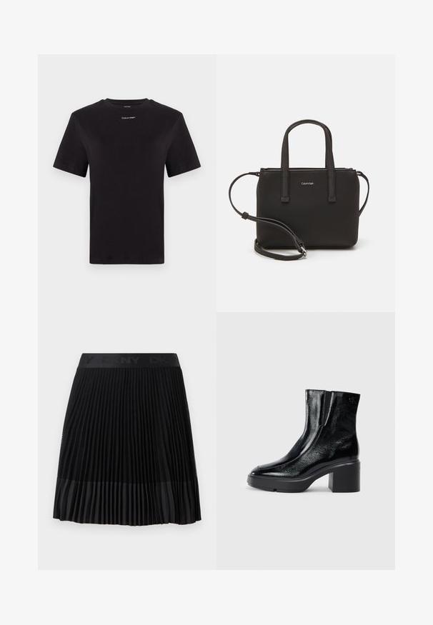Črna bombažna majica s kratkimi rokavi, okroglim izrezom in majhnim belim logotipom "Calvin Klein" na prsih. Gladka tekstura, klasičen kroj.; Črna nagubana krila, ki imajo mrežasto teksturo na zgornji polovici in gladko tkanino na robu, zaključena z črnim pasom z logotipom DKNY.; Črne lakirane gležnjarje z ukrivljenim nosom, elastičnimi stranskimi paneli in debelim blokastim peto. Imajo vtisnjen logotip na zadnjem delu.; Črna torbica z dvema kratkima ročajema in odstranljivim naramnim trakom. Gladek usnju podoben material z zadrgo in podrobnostmi z logotipom.