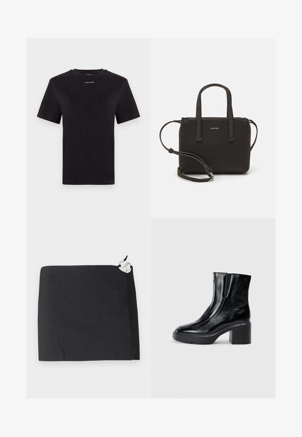 Juodas medvilninis marškinėliai trumpomis rankovėmis, apykaklė, su mažu baltu "Calvin Klein" logotipu krūtinėje. Lygus paviršius, klasikinis siluetas.; Juoda sijonas su elegantišku dizainu, tiesia forma ir glotnia tekstūra. Pusėje yra balto akcento metalinė detalė.; Juodi lakiniai auliniai batai iki kulkšnies, su išlenktu pirštu, elastinėmis šoninėmis panelėmis ir masyviu blokuotu kulnu. Apdailoje užpakalinėje dalyje įspaustas logotipas.; Juoda rankinė su dviem trumpais rankenėlėmis ir nuimamu petį. Lygaus odos tipo medžiaga su užtrauktuku ir logotipo detale.