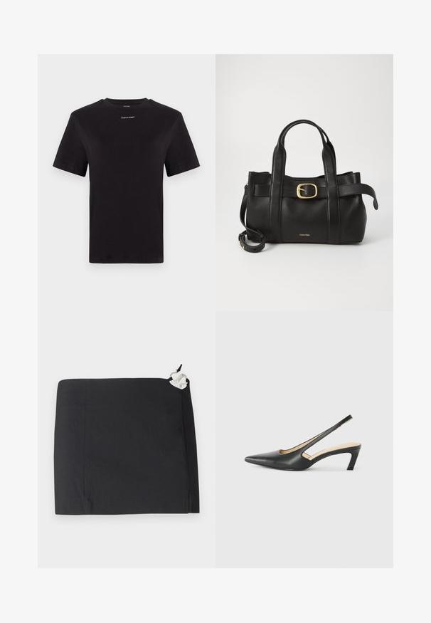Černé bavlněné tričko s krátkými rukávy, kulatým výstřihem a malým bílým logem "Calvin Klein" na hrudi. Hladká textura, klasický střih.; Černá sukně s elegantním designem, rovnou siluetou a hladkou texturou. Obsahuje bílý akcent v oblasti hardwaru na boku.; Černý špičatý slingback s nízkým podpatkem, vyrobený z hladké kůže, s výřezem na boku pro lepší prodyšnost.; Černá kožená kabelka s upraveným designem, dvojitými vrchními madly, pozlaceným přezkovým akcentem a vyraženým logem značky na přední straně.