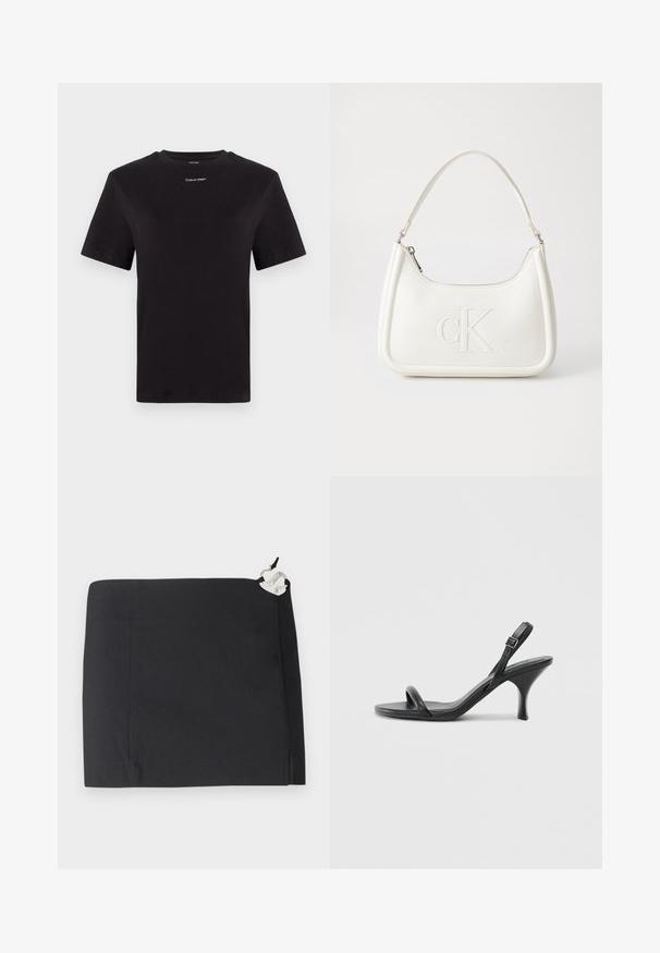 Schwarzes Baumwoll-T-Shirt mit kurzen Ärmeln, Rundhalsausschnitt und kleinem weißen "Calvin Klein"-Logo auf der Brust. Glatte Textur, klassischer Schnitt.; Schwarze Rock mit einem eleganten Design, geradem Schnitt und glatter Textur. Beinhaltet ein weißes Akzentdetail aus Hardware an der Seite.; Schwarze Leder-Sandalen mit hohen Absätzen, schlankem, gebogenem Absatz und gekreuztem Riemendesign. Verstellbarer Knöchelriemen. Glatte Textur.; Weiße Lederhandtasche mit abgerundeter Form, ausgestattet mit einem geprägten "CK"-Logo auf der Vorderseite und einem Einzel-Schultergurt. Reißverschluss oben.