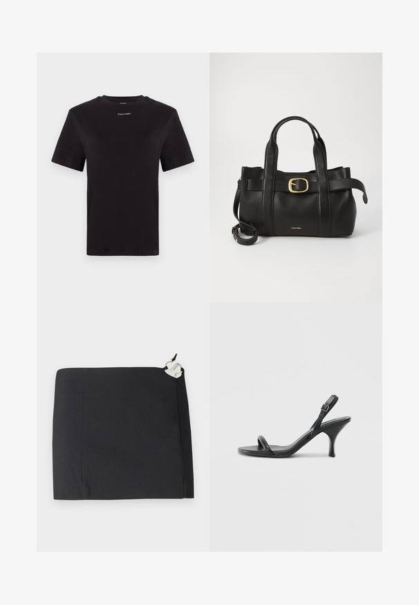 Černé bavlněné tričko s krátkými rukávy, kulatým výstřihem a malým bílým logem "Calvin Klein" na hrudi. Hladká textura, klasický střih.; Černá sukně s elegantním designem, rovnou siluetou a hladkou texturou. Obsahuje bílý akcent v oblasti hardwaru na boku.; Černé kožené sandály na vysokém podpatku s úzkým, zakřiveným podpatkem a designem s překříženými popruhy. Nastavitelný pásek kolem kotníku. Hladký povrch.; Černá kožená kabelka s upraveným designem, dvojitými vrchními madly, pozlaceným přezkovým akcentem a vyraženým logem značky na přední straně.