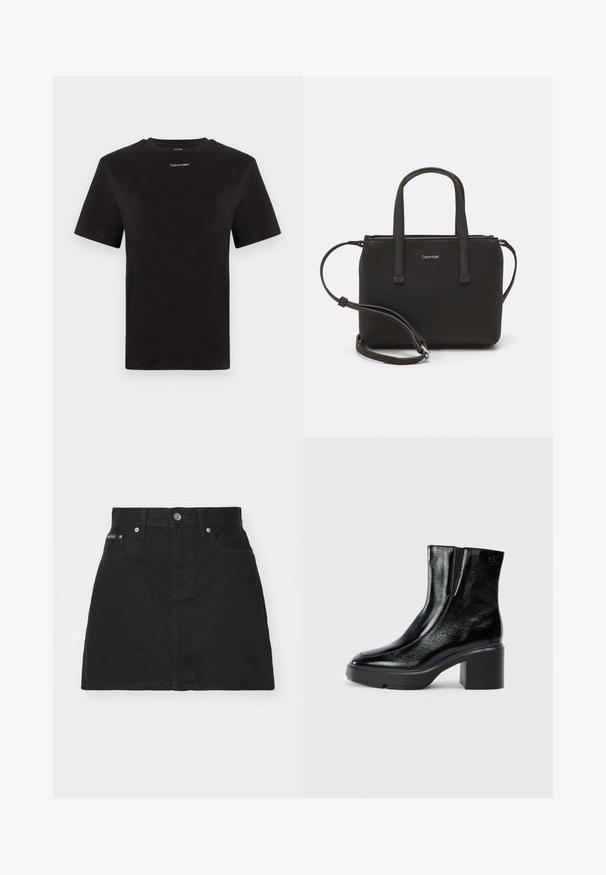 Černé bavlněné tričko s krátkými rukávy, kulatým výstřihem a malým bílým logem "Calvin Klein" na hrudi. Hladká textura, klasický střih.; Černá džínsová sukně s rovný řezem, pěti kapsami a kovovým knoflíkem. Zahrnuje detaily šití a značkovou etiketu na pásku.; Černé lakované kotníkové boty s zakřivenou špičkou, elastickými bočními panely a robustním blokovým podpatkem. Na zadní straně se nachází embosované logo.; Černá kabelka s dvojitými krátkými uchy a odnímatelným ramenním popruhem. Hladký koženkový materiál s uzávěrem na zip a detailem loga.