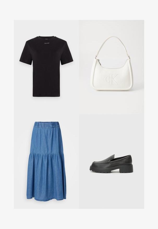 Melna kokvilnas T-kreklu ar īsām piedurknēm, apaļu kakla izgriezumu un nelielu baltu "Calvin Klein" logotipu krūtīs. Gluda tekstūra, klasiskā piegriezuma.; Denim maksi svārki ar elastīgu jostasvietu, ar pakāpenisku dizainu un gaiši zilu krāsu. Gluda tekstūra, pilna forma ar izplestu apakšmalu.; Melnas ādas mokasīni ar noapaļotu purngalu, biezs teksturēts zoles un minimālas dūriena detaļas. Gluds dizains bez redzamām auklām vai metāla elementiem.; Balta ādas rokassoma ar noapaļotu formu, uz kuras priekšpuses ir izgriezts "CK" logo un viena plecu siksna. Augšā aizverama ar rāvējslēdzēju.