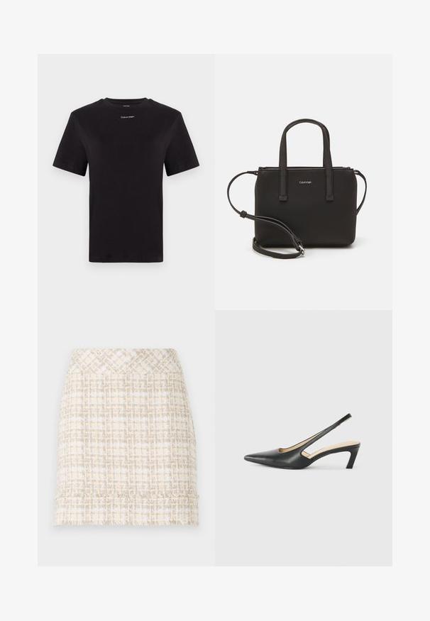 Musta puuvillapaita lyhyillä hihoilla, pyöreä pääntie ja pieni valkoinen "Calvin Klein" -logo rinnassa. Silkkinen pinta, klassinen istuvuus.; Kudottu tweed-hame, jossa on kerma- ja beigeväriset sävyt ja teksturoitu pinta. Hameessa on suora leikkaus ja repaleinen helma, joka tuo lisäyksityiskohtia.; Musta, kärjeltään terävä slingback-kengä, jossa on matala korko. Kengässä on sileä nahkamateriaali ja sivuilla leikkaukset hengittävyyttä varten.; Musta käsilaukku, jossa on kaksinkertaiset lyhyet kahvat ja irrotettava olkahihna. Silkkinen nahkatunneinen materiaali, jossa on vetoketjukiinnitys ja logoyksityiskohta.; Hopehopeet hopehopeet hopehopeet hopehopeet, jolla on sileä, kiiltävä pinta. Pyöreä muoto, kevyt rakenne, jossa on neulakiinnitys.
