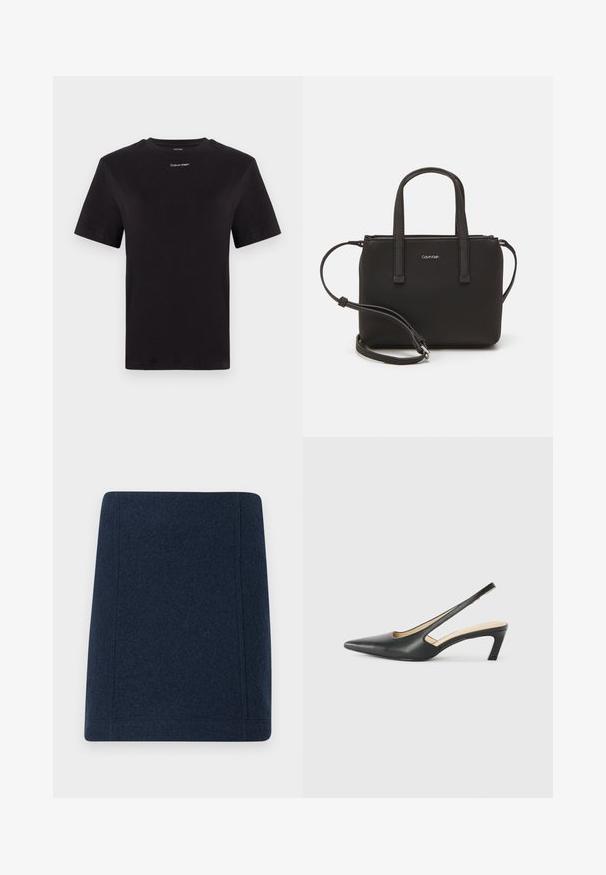Črna bombažna majica s kratkimi rokavi, okroglim izrezom in majhnim belim logotipom "Calvin Klein" na prsih. Gladka tekstura, klasičen kroj.; Morska volnena mini krila s ravno obliko, ravnimi šivi in gladko teksturo. Niti vidni vzorci niti okrasni detajli.; Črne čevlje s koničastimi nosovi in slingback obliko z nizko peto, izdelane iz gladke usnjene materiale ter s črtasto zasnovo na strani za prezračevanje.; Črna torbica z dvema kratkima ročajema in odstranljivim naramnim trakom. Gladek usnju podoben material z zadrgo in podrobnostmi z logotipom.