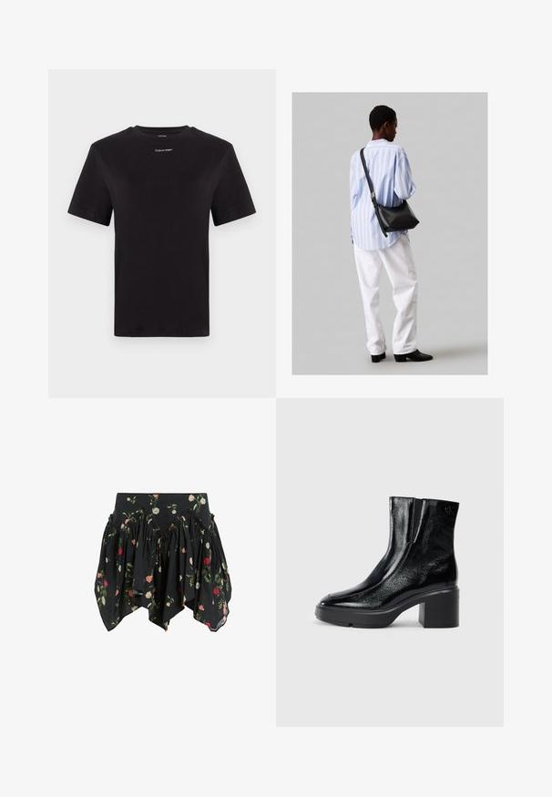 Fekete pamut póló rövid ujjakkal, kerek nyakkivágással és kis fehér "Calvin Klein" logóval a mellkasnál. Simás textúra, klasszikus fazon.; Fekete virágos szoknya könnyű anyagból, fodros kialakítással, rózsaszín, piros és fehér rózsákkal, és egyedi aszimmetrikus szegéllyel.; Fekete lakkbőr bokacsizma ívelt orral, elasztikus oldalpanelek és vastag blokk sarkal. A hátsó részen dombornyomott logó található.; Fekete bőr válltáska puha tapintással, háromszög alakú, állítható pánttal, világoskék csíkos inggel és fehér nadrággal párosítva.