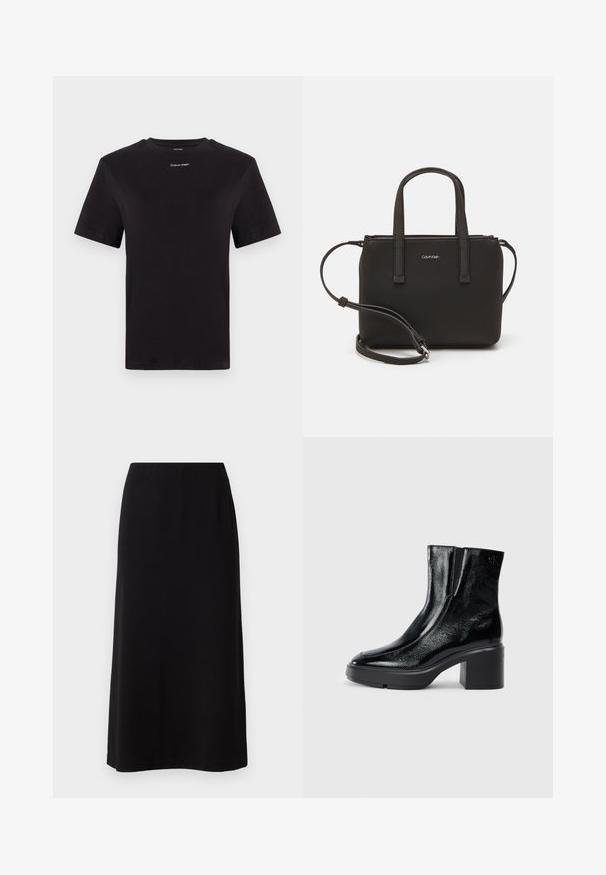 T-shirt in cotone nero con maniche corte, colletto a girocollo e piccolo logo bianco "Calvin Klein" sul petto. Texture liscia, vestibilità classica.; Gonna maxi nera con una consistenza liscia e morbida e una vita elastica. Taglio semplice e dritto senza motivi o decorazioni visibili.; Stivali alla caviglia in pelle verniciata nera con punta curva, pannelli laterali elasticizzati e tacco robusto. Presentano un logo impresso sul retro.; Borsa nera con doppi manici corti e tracolla removibile. Materiale simile alla pelle liscia con chiusura a zip e dettaglio del logo.