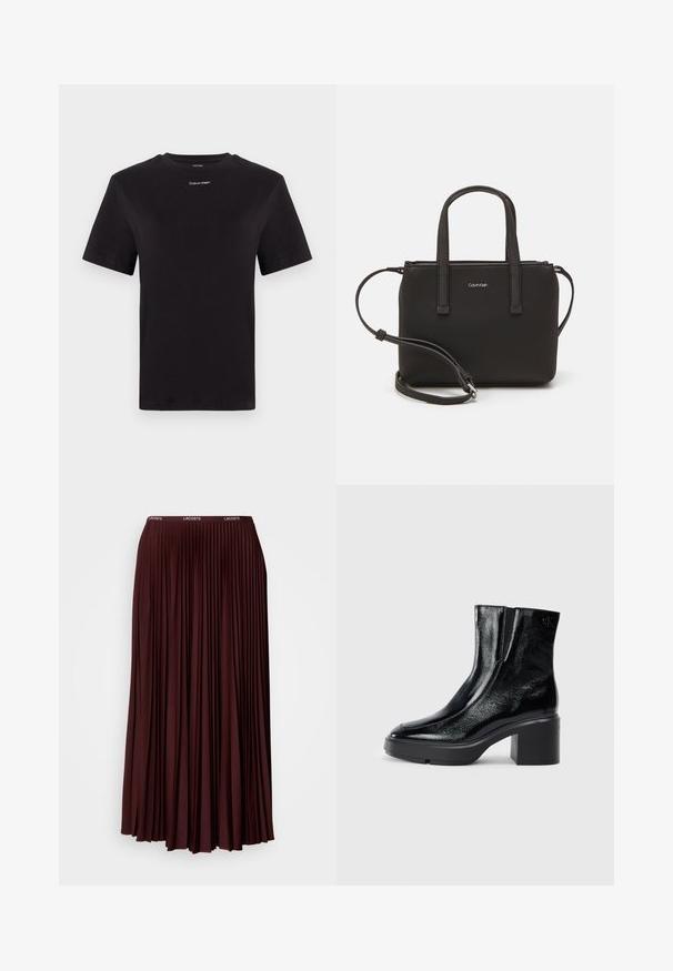 Črna bombažna majica s kratkimi rokavi, okroglim izrezom in majhnim belim logotipom "Calvin Klein" na prsih. Gladka tekstura, klasičen kroj.; Burgundska plisirana krila izdelana iz mehke tkanine z elastičnim pasom, ki vsebuje subtilen logotip. Polna dolžina z navpičnimi pliskami.; Črne lakirane gležnjarje z ukrivljenim nosom, elastičnimi stranskimi paneli in debelim blokastim peto. Imajo vtisnjen logotip na zadnjem delu.; Črna torbica z dvema kratkima ročajema in odstranljivim naramnim trakom. Gladek usnju podoben material z zadrgo in podrobnostmi z logotipom.