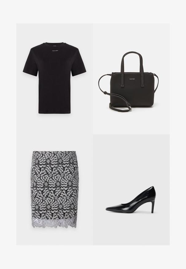Juodas medvilninis marškinėliai trumpomis rankovėmis, apykaklė, su mažu baltu "Calvin Klein" logotipu krūtinėje. Lygus paviršius, klasikinis siluetas.; Juoda nėrinių sijonas su sidabriniu gėlių raštu, banguotu apvadu ir sudėtinga nėrimo tekstūra. Prigludęs dizainas su lygiu pamušalu.; Juodas odinis aukštakulnis batelis su smailiu pirštu, lygiu paviršiumi ir siauru kulnu. Minimalistinis dizainas, jokių papildomų puošmenų.; Juoda rankinė su dviem trumpais rankenėlėmis ir nuimamu petį. Lygaus odos tipo medžiaga su užtrauktuku ir logotipo detale.