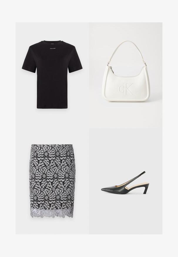 Schwarzes Baumwoll-T-Shirt mit kurzen Ärmeln, Rundhalsausschnitt und kleinem weißen "Calvin Klein"-Logo auf der Brust. Glatte Textur, klassischer Schnitt.; Schwarzer Spitzenrock mit silbernem Blumenmuster, gewelltem Saum und aufwendiger Häkeltextur. Figurbetontes Design mit glatter Unterfütterung.; Schwarzer spitz zulaufender Slingback-Schuh mit niedrigem Absatz, der aus glattem Leder gefertigt ist und seitliche Ausschnitte für Atmungsaktivität aufweist.; Weiße Lederhandtasche mit abgerundeter Form, ausgestattet mit einem geprägten "CK"-Logo auf der Vorderseite und einem Einzel-Schultergurt. Reißverschluss oben.