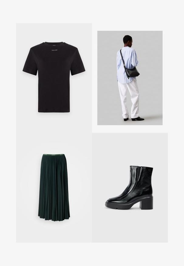 Musta puuvillapaita lyhyillä hihoilla, pyöreä pääntie ja pieni valkoinen "Calvin Klein" -logo rinnassa. Silkkinen pinta, klassinen istuvuus.; Pitkä, göraalinen hame tummanvihreänä, jossa on leveä vyötärö, jossa on brändin nimi "LACOSTE" kontrastivihreällä kirjasintyypillä.; Musta patentoitu nahkasaappaat nilkkoihin, joissa on kaareva kärki, joustavat sivupaneelit ja paksu lohkoilut. Takana on kohokuvioitu logo.; Musta nahkainen olkalaukku, jossa on pehmeä rakenne, kolmion muoto ja säädettävä hihna, yhdistettynä vaaleansiniseen raidalliseen paitaan ja valkoisiin housuihin.