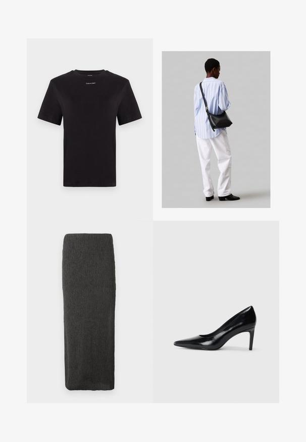 Čierne bavlnené tričko s krátkymi rukávmi, klasickým výstrihom a malým bielym logom "Calvin Klein" na hrudi. Hladká textúra, klasický strih.; Dlhá, rovná čierna textúrovaná sukňa s vysokým pásom a jemným zúžením smerom k spodnému okraju na bielom pozadí.; Čierna kožená vysoká topánka s ihlovým podpätkom a špičatou špicou, hladkou textúrou a zúženým podpätkom. Minimalistický dizajn, bez ďalších ozdôb.; Čierna kožená ramenná taška so mäkkou textúrou, trojuholníkovým tvarom a nastaviteľným popruhom, skombinovaná s svetlomodrou pruhovanou košeľou a bielymi nohavicami.