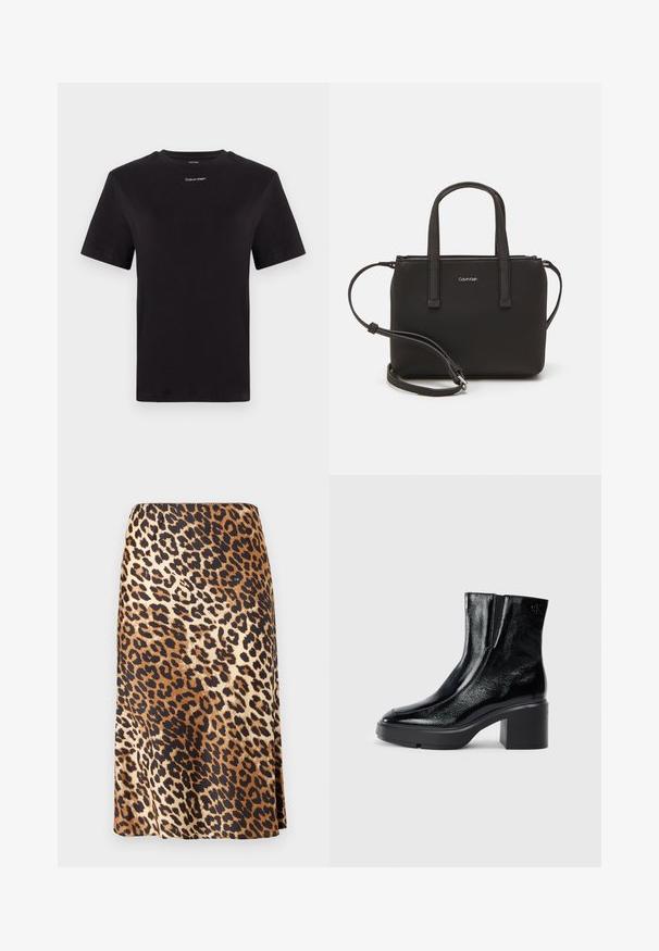 Melna kokvilnas T-kreklu ar īsām piedurknēm, apaļu kakla izgriezumu un nelielu baltu "Calvin Klein" logotipu krūtīs. Gluda tekstūra, klasiskā piegriezuma.; Leparda raksta svārki no gludas, līdzīgas satīnam auduma; satur brūnās, melnās un krēmkrāsas toņu maisījumu ar A-veida siluetu.; Melnas lakotas ādas potītes zābaki ar izliekto purngalu, elastīgām sānu paneļiem un masīvu blokveida papēdi. Aizmugurē ir izsistā logo.; Melns roku soma ar divām īsām rokturiem un noņemamu plecu siksnu. Gluda ādas līdzīga materiāla ar rāvējslēdzēja aizdari un logos detaļu.