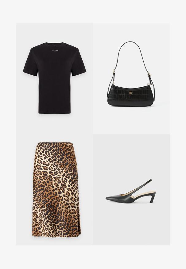 Černé bavlněné tričko s krátkými rukávy, kulatým výstřihem a malým bílým logem "Calvin Klein" na hrudi. Hladká textura, klasický střih.; Sukně s leopardím potiskem z hladkého, saténového materiálu; obsahuje mix hnědé, černé a krémové barvy s A-liniovým střihem.; Černý špičatý slingback s nízkým podpatkem, vyrobený z hladké kůže, s výřezem na boku pro lepší prodyšnost.; Černá kožená kabelka s krokodýlí texturou, štíhlého tvaru a zlatou kovovou sponou. Obsahuje jeden ramenní popruh a vypadá s podrobnostmi s embosovaným logem.