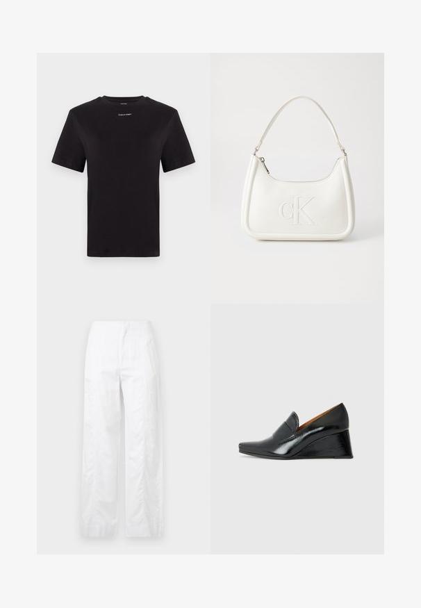 Tricou negru din bumbac, cu mâneci scurte, gât rotund și un mic logo alb "Calvin Klein" pe piept. Textură netedă, croială clasică.; Pantaloni albi cu croială largă, fabricați dintr-un material ușor, având o textură netedă, linii curate și un design cu talie înaltă.; Chie Mihara VECINO - Pantofi talpă ortopedică - black; Geantă de umăr din piele albă cu formă curbată, având un logo "CK" embosat pe partea din față și un singur braț de umăr. Închidere cu fermoar în partea de sus.