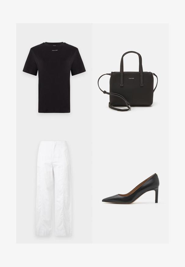 Must musta t-särk lühikeste käistega, ümberringi kaelusega ja väikese valge "Calvin Klein" logo'ga rinnal. Sile tekstuur, klassikaline lõige.; Valged laiad püksid, mis on valmistatud kergetest materjalidest, omades siledat tekstuuri, puhtaid jooni ja kõrget vöökohta.; Must musta kõrge kontsaga king, millel on terav varvas, sujuv siluett ja peen konts. Omab sileda tekstuuri ja minimaalset riistvara kaunistust.; Musthave mustrans vöö ja eemaldatav õlarihm. Gludike nahk siledaga, millel on tõmblukk ja logo detail.
