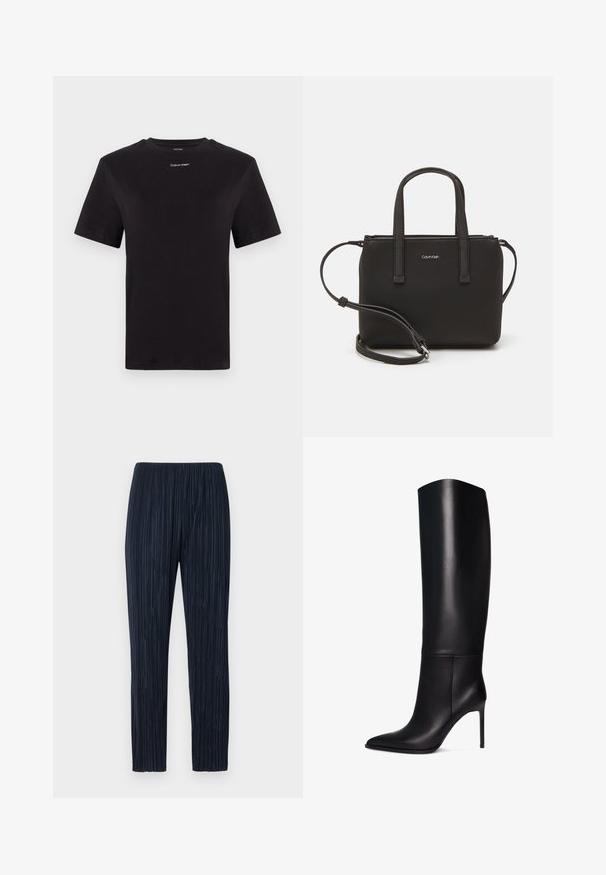 Czarny t-shirt bawełniany z krótkimi rękawami, okrągłym dekoltem i małym białym logo "Calvin Klein" na piersi. Gładka struktura, klasyczny krój.; Granatowe spodnie w kant z elastycznym pasem, wykonane z teksturowanej tkaniny, o prostym kroju nogawki i subtelnych, pionowych paskach przez całą długość.; Czarne skórzane botki na obcasie typu stiletto do kolan z szpiczastym noskiem. Gładka faktura, zorganizowany design i smukły, wysoki obcas. Brak widocznych elementów metalowych lub wzorów.; Czarna torebka z dwoma krótkimi uchwytami i odpinanym paskiem na ramię. Gładki materiał przypominający skórę, z zamkiem błyskawicznym i detalem z logo.