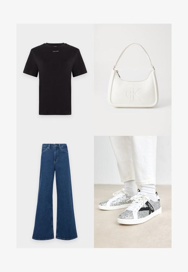 Svart bomulls t-shirt med korta ärmar, rund halsringning och liten vit "Calvin Klein" logotyp vid bröstet. Slät textur, klassisk passform.; Blå denim flare jeans med hög midja, utrustade med fem fickor, knappstängning och kontrasterande sömmar.; Glittriga silver sneakers med en vit och svart design. Har vita snören och detaljer samt en texturerad, glittrig ovansida.; Vit läderhandväska med en böjd form, som har en präglad "CK"-logotyp på framsidan och ett enda axelband. Dragkedjestängning upptill.