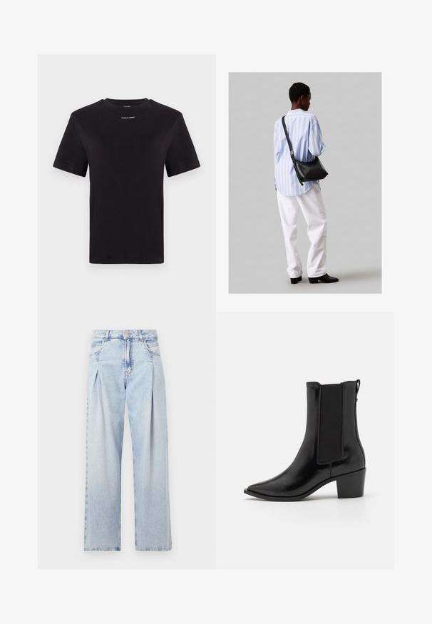 Czarny t-shirt bawełniany z krótkimi rękawami, okrągłym dekoltem i małym białym logo "Calvin Klein" na piersi. Gładka struktura, klasyczny krój.; Jasnoniebieskie dżinsy z wysokim stanem, szerokimi nogawkami, dwoma bocznymi kieszeniami oraz plisowanym wzorem. Miękka tekstura z wyblakłym wykończeniem.; Calvin Klein - Botki kowbojki i motocyklowe; Czarna skórzana torba na ramię o miękkiej fakturze, w kształcie trójkąta, z regulowanym paskiem, połączona z jasnoniebieską koszulą w paski i białymi spodniami.