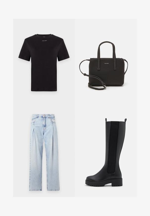 Čierne bavlnené tričko s krátkymi rukávmi, klasickým výstrihom a malým bielym logom "Calvin Klein" na hrudi. Hladká textúra, klasický strih.; Svetlomodré džínsy s vysokým pásom, širším strihom po celej dĺžke, dvoma bočnými vreckami a skladaným dizajnom. Mäkka textúra s vyblednutým vzhľadom.; Čierne čižmy po kolená s hladkým koženým povrchom, elastickými bočnými panelmi a robustnou textúrovanou podrážkou pre lepšiu trakciu.; Čierna kabelka s dvojitými krátkymi rúčkami a odnímateľným ramenným popruhom. Hladký materiál podobný koži s uzatváraním na zips a detailom loga.