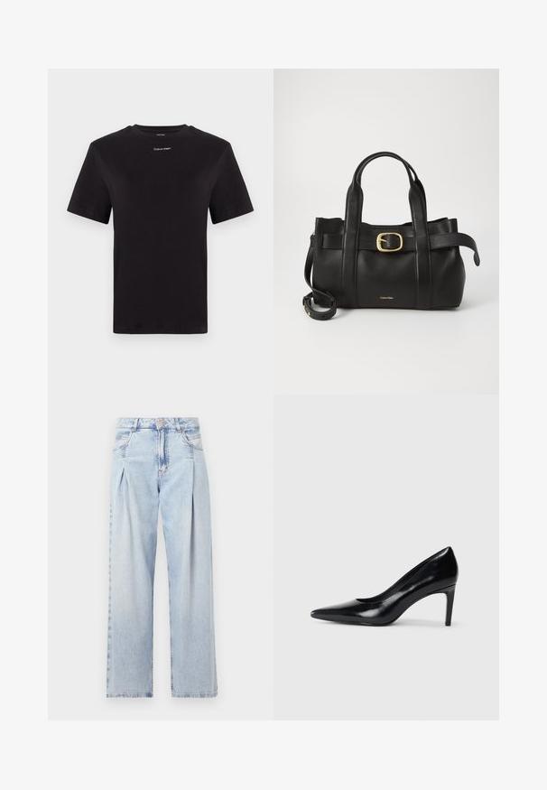 Black cotton t-shirt with short sleeves, crew neck, and small white "Calvin Klein" logo at the chest. Smooth texture, classic fit.; Light blue denim jeans with a high waist, wide-leg cut, two side pockets, and pleated design feature. Soft texture with a faded finish.; Black leather high heel shoe with a pointed toe, smooth texture, and a tapered heel. Minimalist design, no additional embellishments.; Black leather handbag featuring a structured design, dual top handles, gold-tone buckle accent, and embossed brand logo at the front.