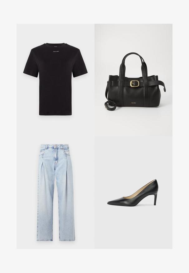 Musta puuvillapaita lyhyillä hihoilla, pyöreä pääntie ja pieni valkoinen "Calvin Klein" -logo rinnassa. Silkkinen pinta, klassinen istuvuus.; Vaaleansiniset farkut, joissa on korkea vyötärö, leveälahkeinen leikkaus, kaksi sivutaskua ja pleatattu muotoilu. Pehmeä rakenne, jossa on haalistunut viimeistely.; Musta nahkainen korkokenkä, jossa on terävä kärki ja ohut korko, nähdään sileällä pinnalla ja neutraalilla sisävuorella.; Musta nahkakäsilaukku, jossa on struktuurinen muotoilu, kaksoiskahvat, kultasävyinen solkiaksentti ja kohokuvioitu brändilogo edessä.