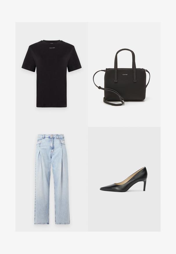 Czarny t-shirt bawełniany z krótkimi rękawami, okrągłym dekoltem i małym białym logo "Calvin Klein" na piersi. Gładka struktura, klasyczny krój.; Jasnoniebieskie dżinsy z wysokim stanem, szerokimi nogawkami, dwoma bocznymi kieszeniami oraz plisowanym wzorem. Miękka tekstura z wyblakłym wykończeniem.; Czarne skórzane szpilki z ostro zakończonym noskiem i wąskim obcasem, z gładką fakturą i neutralnym wnętrzem.; Czarna torebka z dwoma krótkimi uchwytami i odpinanym paskiem na ramię. Gładki materiał przypominający skórę, z zamkiem błyskawicznym i detalem z logo.