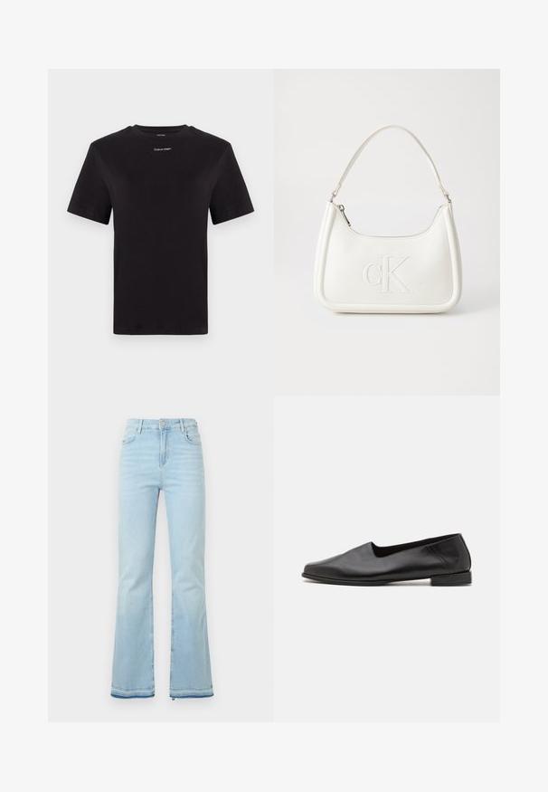 Black cotton t-shirt with short sleeves, crew neck, and small white "Calvin Klein" logo at the chest. Smooth texture, classic fit.; Light blue flared jeans made of denim, featuring a high waist, front pockets, and a raw hem at the cuffs for a casual look.; Black leather flat shoe with a smooth texture. Features a low, rectangular heel and a rounded toe. Simple design with minimal accents.; White leather handbag with a curved shape, featuring an embossed "CK" logo on the front and a single shoulder strap. Zipper closure at top.