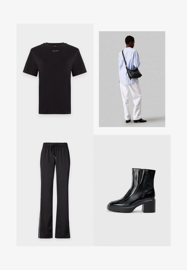 Melna kokvilnas T-kreklu ar īsām piedurknēm, apaļu kakla izgriezumu un nelielu baltu "Calvin Klein" logotipu krūtīs. Gluda tekstūra, klasiskā piegriezuma.; Melnas sporta bikses ar aukliņu jostasvietā, taisnām kājām un baltām sānu svītrām, izgatavotas no gludas, vieglas auduma.; Melnas lakotas ādas potītes zābaki ar izliekto purngalu, elastīgām sānu paneļiem un masīvu blokveida papēdi. Aizmugurē ir izsistā logo.; Melna ādas plecu soma ar mīkstu tekstūru, trīsstūra formu un regulējamu siksnu, apvienota ar gaiši zilu svītrotu krekli un baltām biksēm.