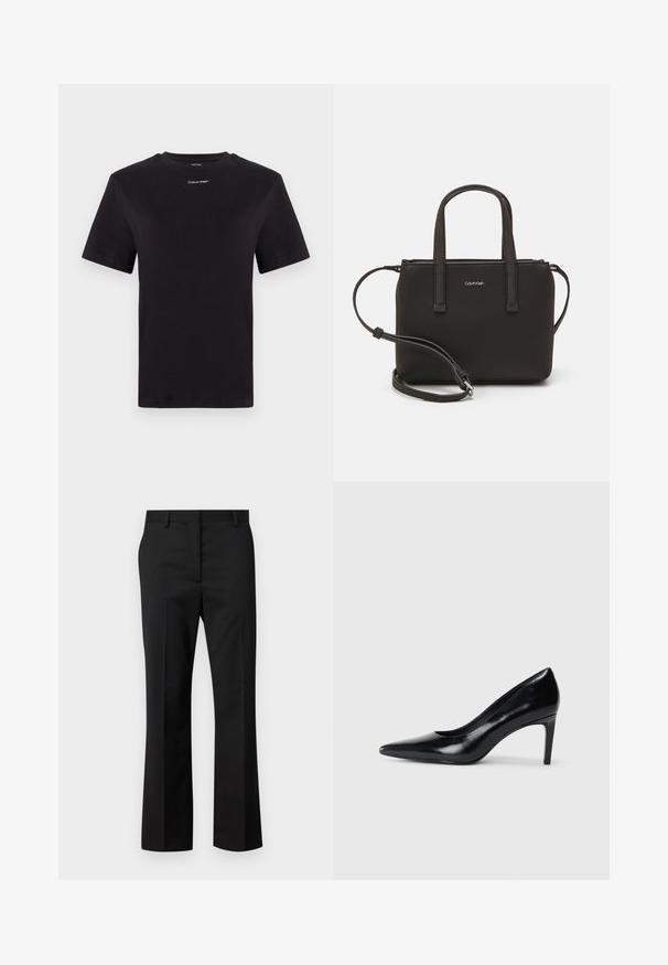 Zwarte katoenen t-shirt met korte mouwen, ronde hals en klein wit "Calvin Klein" logo op de borst. Gladde textuur, klassieke pasvorm.; Zwarte op maat gemaakte broek met een recht gesneden ontwerp. Gemaakt van een gladde stof, met een vlakke voorkant en een standaard tailleband met riemlussen.; Zwarte leren hoge hak met een spitse neus, een gladde textuur en een tapse hak. Minimalistisch ontwerp, geen extra versieringen.; Zwarte handtas met dubbele korte handvatten en een afneembare schouderriem. Glad, leerachtig materiaal met een ritssluiting en logo-detail.