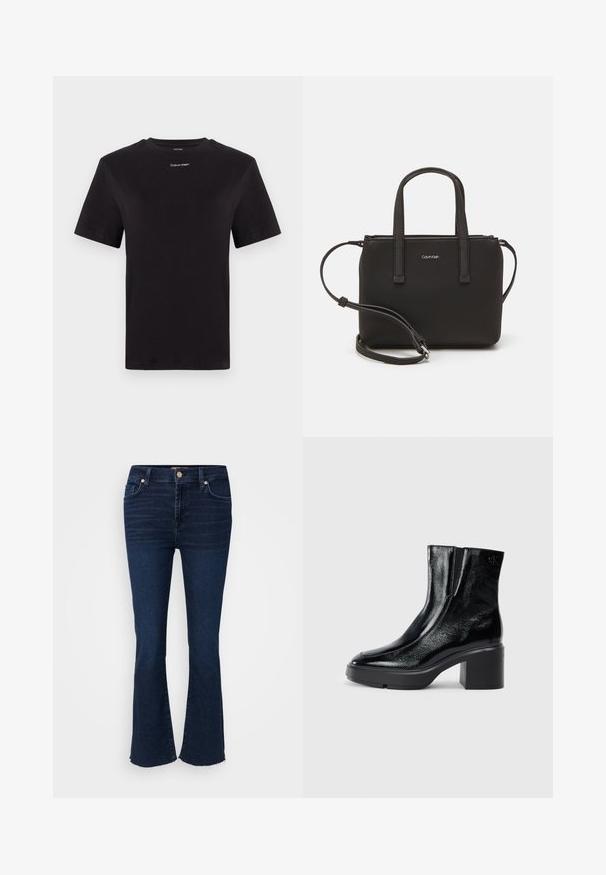 Camiseta de algodón negra con mangas cortas, cuello redondo y pequeño logo blanco de "Calvin Klein" en el pecho. Textura suave, corte clásico.; Jeans azul oscuro con un diseño de pierna acampanada, material de mezclilla, bolsillos frontales y una cintura con un botón de metal y cierre de cremallera. Detalle de dobladillo deshilachado.; Botas de tobillo de charol negro con puntera curva, paneles laterales elásticos y un tacón ancho. Presentan un logo embosado en la parte posterior.; Bolso de mano negro con dos asas cortas y una correa de hombro removible. Material suave tipo cuero con cierre de cremallera y detalle del logo.