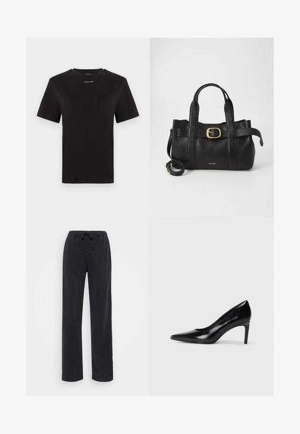 Tricou negru din bumbac, cu mâneci scurte, gât rotund și un mic logo alb "Calvin Klein" pe piept. Textură netedă, croială clasică.; Pantaloni negri, din bumbac, lejeri, cu talie elastică și șnur ajustabil. Design cu picioare drepte, fără buzunare vizibile sau ornamente.; Pantof de damă din piele neagră, cu toc înalt, vârf ascuțit, textură fină și toc conic. Design minimalist, fără embellishments suplimentare.; Geantă de mână din piele neagră, cu un design structurat, mânere superioare duale, accent cu cataramă aurie și logo-ul brandului embosat în față.