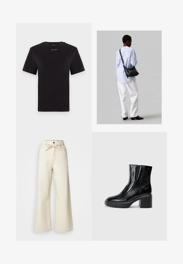 Melna kokvilnas T-kreklu ar īsām piedurknēm, apaļu kakla izgriezumu un nelielu baltu "Calvin Klein" logotipu krūtīs. Gluda tekstūra, klasiskā piegriezuma.; Kremkrāsas platās kājas bikses, izgatavotas no denima, ar augstu jostasvietu, priekšā ar loku detaļu un kontrastējošām šuvēm.; Melnas lakotas ādas potītes zābaki ar izliekto purngalu, elastīgām sānu paneļiem un masīvu blokveida papēdi. Aizmugurē ir izsistā logo.; Melna ādas plecu soma ar mīkstu tekstūru, trīsstūra formu un regulējamu siksnu, apvienota ar gaiši zilu svītrotu krekli un baltām biksēm.