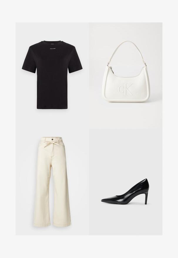 Crna pamučna majica s kratkim rukavima, okruglim izrezom i malim bijelim logom "Calvin Klein" na prsima. Glatka tekstura, klasičan kroj.; Krem pantalone širokog kroja izrađene od denima, s visokim strukom, detaljem mašnice sprijeda i kontrastnim šavovima.; Crna kožna cipela na visokom potpeticu s špicastim prstom, glatke teksture i sužavajućom potpeticom. Minimalistički dizajn, bez dodatnih ukrasa.; Bijela kožna torba s zakrivljenim oblikom, koja na prednjoj strani ima utisnut logotip "CK" i jedan remen za nošenje preko ramena. Zatvaranje na munju na vrhu.