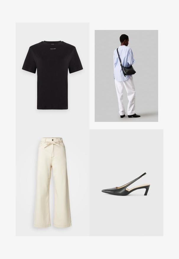 Černé bavlněné tričko s krátkými rukávy, kulatým výstřihem a malým bílým logem "Calvin Klein" na hrudi. Hladká textura, klasický střih.; Krémové široké kalhoty vyrobené z denimu, s vysokým pasem, detailem mašle na přední straně a kontrastním šitím.; Černý špičatý slingback s nízkým podpatkem, vyrobený z hladké kůže, s výřezem na boku pro lepší prodyšnost.; Černá kožená kabelka přes rameno s jemnou texturou, trojúhelníkovým tvarem a nastavitelným popruhem, v kombinaci se světle modrou pruhovanou košilí a bílými kalhotami.