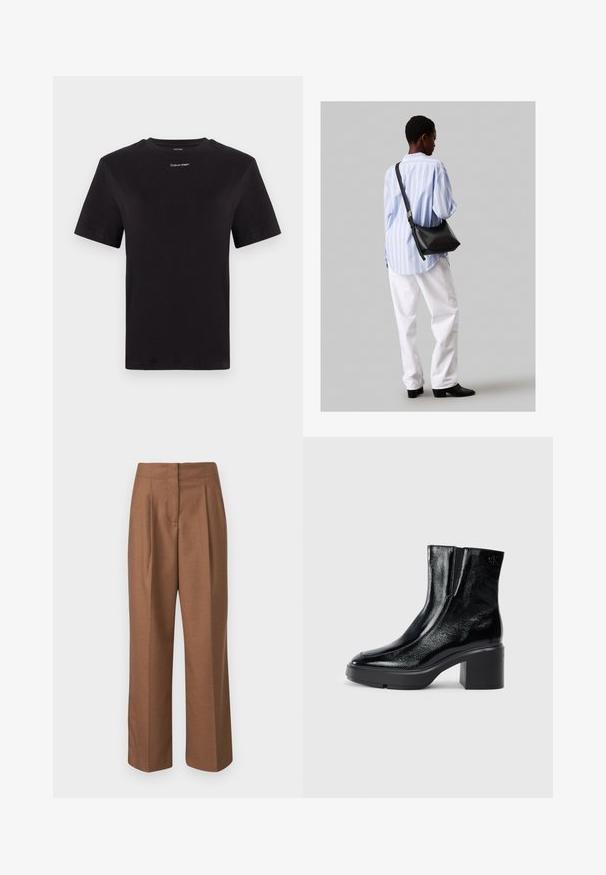 Fekete pamut póló rövid ujjakkal, kerek nyakkivágással és kis fehér "Calvin Klein" logóval a mellkasnál. Simás textúra, klasszikus fazon.; Barna, testre szabott nadrág, magas derékkal, széles lábakkal, elől redőzött és sima felületű. Nincsenek látható zsebek vagy díszítések.; Fekete lakkbőr bokacsizma ívelt orral, elasztikus oldalpanelek és vastag blokk sarkal. A hátsó részen dombornyomott logó található.; Fekete bőr válltáska puha tapintással, háromszög alakú, állítható pánttal, világoskék csíkos inggel és fehér nadrággal párosítva.