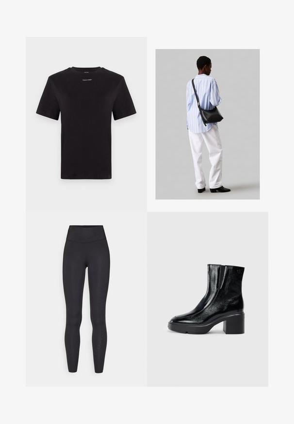 Tricou negru din bumbac, cu mâneci scurte, gât rotund și un mic logo alb "Calvin Klein" pe piept. Textură netedă, croială clasică.; Leggings negre din material elastic, cu talie înaltă, textură netedă și perforații mici pe exteriorul picioarelor.; Bocanci de gleznă din piele lacuită neagră, cu vârf curbat, panouri elastice pe laterale și toc bloc masiv. Prezintă un logo embosat pe spate.; Geantă de umăr din piele neagră cu o textură moale, formă triunghiulară și curea ajustabilă, asortată cu o bluză cu dungi albastre deschise și pantaloni albi.