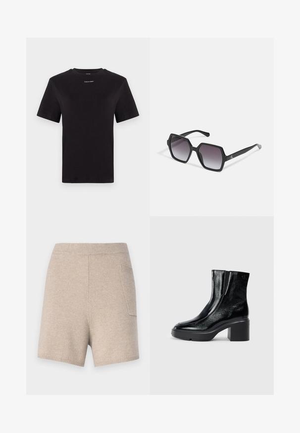 Schwarzes Baumwoll-T-Shirt mit kurzen Ärmeln, Rundhalsausschnitt und kleinem weißen "Calvin Klein"-Logo auf der Brust. Glatte Textur, klassischer Schnitt.; pure cashmere Shorts - camel; Schwarze Lackleder-Stiefeletten mit einer geschwungenen Zehenpartie, elastischen Seiteneinsätzen und einem klobigen Blockabsatz. Mit geprägtem Logo auf der Rückseite.; Schwarze hexagonale Sonnenbrille mit Verlaufsgläsern, glänzender Oberfläche und dezentem Branding am Bügel. Aus langlebigem Kunststoff gefertigt.