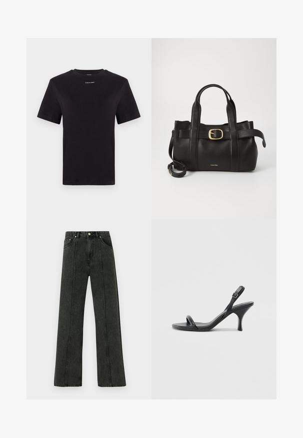 Camiseta de algodón negra con mangas cortas, cuello redondo y pequeño logo blanco de "Calvin Klein" en el pecho. Textura suave, corte clásico.; Vaqueros de tiro alto y pierna ancha en denim gris oscuro. Presentan un diseño clásico de cinco bolsillos y costuras visibles a lo largo de las costuras frontales.; Sandalias de tacón alto de cuero negro con un tacón delgado y curvado y un diseño de tiras cruzadas. Correa para el tobillo ajustable. Textura suave.; Bolso de cuero negro con un diseño estructurado, doble mango superior, detalle de hebilla en tono dorado y logo de la marca grabado en la parte frontal.