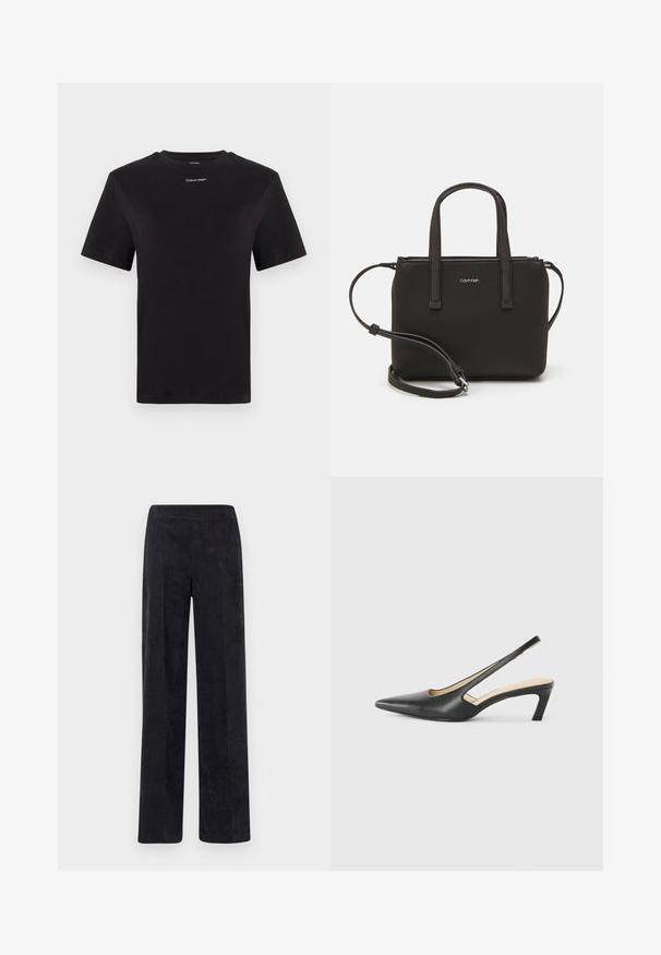 Black cotton t-shirt with short sleeves, crew neck, and small white "Calvin Klein" logo at the chest. Smooth texture, classic fit.; Corduroy pants in dark gray with a straight leg design, featuring a textured ribbed surface and an elastic waistband for comfort.; Black pointy-toed slingback shoe with a low heel, featuring smooth leather material and cut-out design on the side for breathability.; Black handbag with dual short handles and a removable shoulder strap. Smooth leather-like material with a zip closure and logo detail.