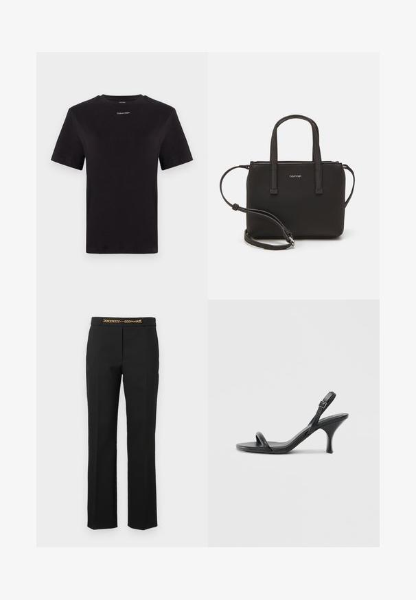 Black cotton t-shirt with short sleeves, crew neck, and small white "Calvin Klein" logo at the chest. Smooth texture, classic fit.; Black trousers with a straight-leg design, featuring a gold chain accent at the waistband. Made from smooth fabric with a tailored fit.; Black leather high-heeled sandals with a slim, curved heel and a crossed strap design. Adjustable ankle strap. Smooth texture.; Black handbag with dual short handles and a removable shoulder strap. Smooth leather-like material with a zip closure and logo detail.
