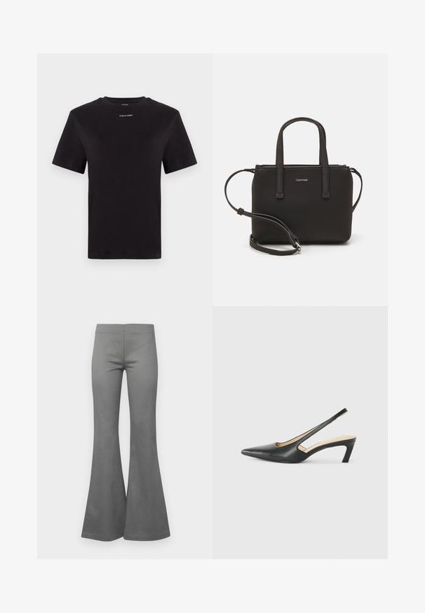 Black cotton t-shirt with short sleeves, crew neck, and small white "Calvin Klein" logo at the chest. Smooth texture, classic fit.; Gray flared trousers featuring a smooth fabric texture and a fitted design, extending wide from the knee to the hem.; Black pointy-toed slingback shoe with a low heel, featuring smooth leather material and cut-out design on the side for breathability.; Black handbag with dual short handles and a removable shoulder strap. Smooth leather-like material with a zip closure and logo detail.