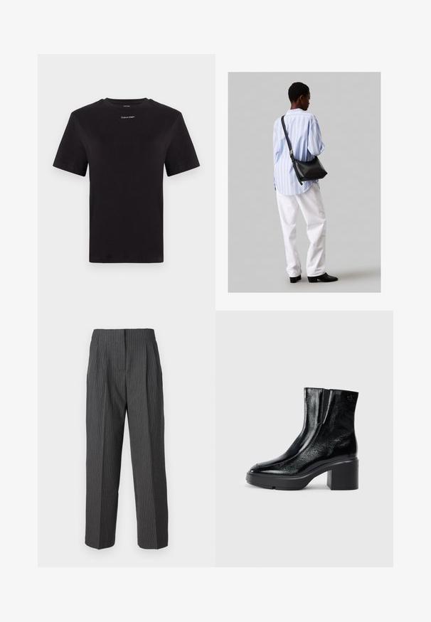 Čierne bavlnené tričko s krátkymi rukávmi, klasickým výstrihom a malým bielym logom "Calvin Klein" na hrudi. Hladká textúra, klasický strih.; 2nd Day CARTER - Nohavice - dark grey; Čierne lakované členkové topánky s zakrivenou špičkou, elastickými bočnými panelmi a masívnym blokovým opätkom. S embosovaným logom na zadnej strane.; Čierna kožená ramenná taška so mäkkou textúrou, trojuholníkovým tvarom a nastaviteľným popruhom, skombinovaná s svetlomodrou pruhovanou košeľou a bielymi nohavicami.