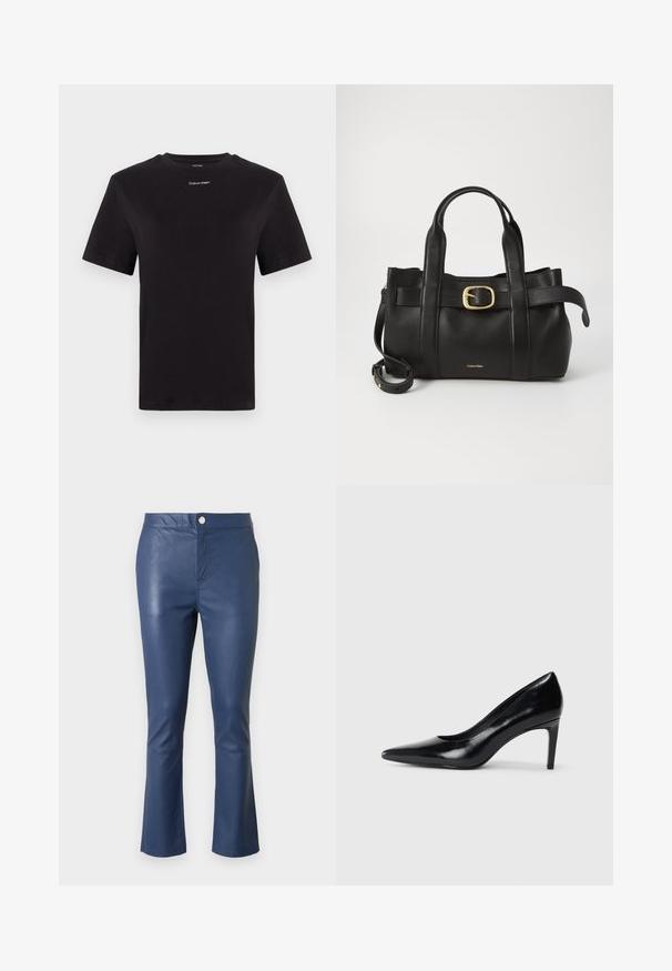Black cotton t-shirt with short sleeves, crew neck, and small white "Calvin Klein" logo at the chest. Smooth texture, classic fit.; Navy blue leather pants with a slim fit, flared hems, a front button closure, and a smooth texture. Visible stitching along the seams.; Black leather high heel shoe with a pointed toe, smooth texture, and a tapered heel. Minimalist design, no additional embellishments.; Black leather handbag featuring a structured design, dual top handles, gold-tone buckle accent, and embossed brand logo at the front.