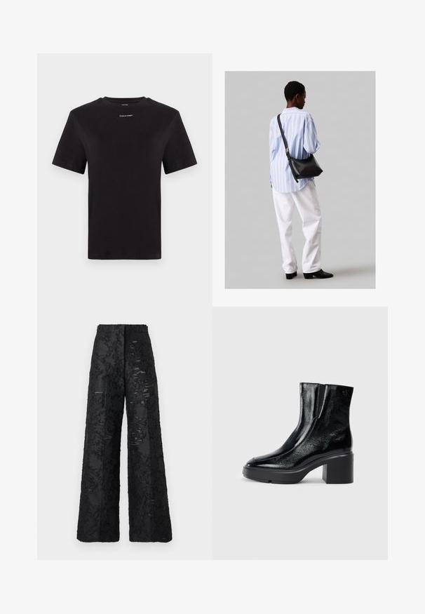 Melna kokvilnas T-kreklu ar īsām piedurknēm, apaļu kakla izgriezumu un nelielu baltu "Calvin Klein" logotipu krūtīs. Gluda tekstūra, klasiskā piegriezuma.; Platas kāju melnas bikses, kas izgatavotas no teksturēta auduma ar ziedu rakstu. Piedāvā augsto jostasvietu un gludu apdari.; Melnas lakotas ādas potītes zābaki ar izliekto purngalu, elastīgām sānu paneļiem un masīvu blokveida papēdi. Aizmugurē ir izsistā logo.; Melna ādas plecu soma ar mīkstu tekstūru, trīsstūra formu un regulējamu siksnu, apvienota ar gaiši zilu svītrotu krekli un baltām biksēm.