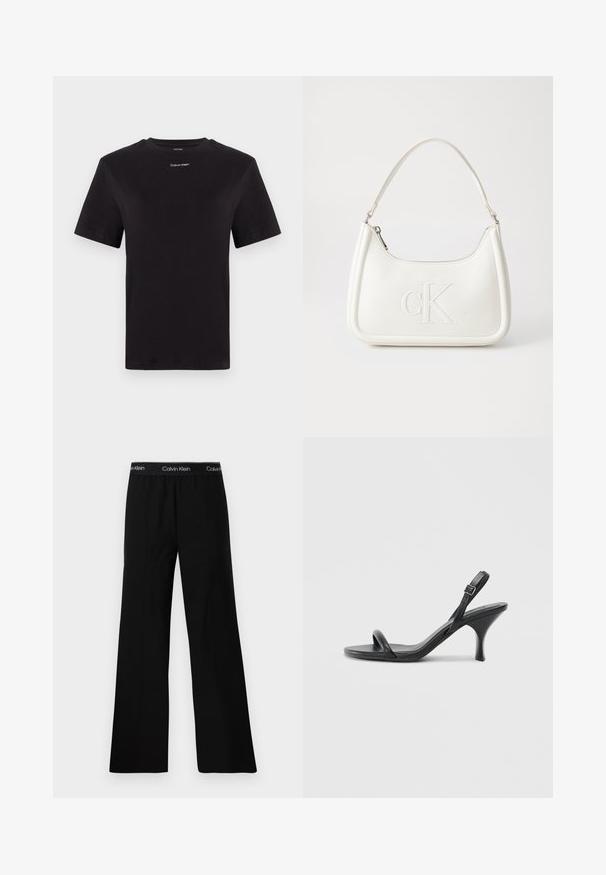 Juodas medvilninis marškinėliai trumpomis rankovėmis, apykaklė, su mažu baltu "Calvin Klein" logotipu krūtinėje. Lygus paviršius, klasikinis siluetas.; Juodos plačios kojų kelnės su lygiu paviršiumi, turinčios elastingą juosmenį, pažymėtą balta tekstu "Calvin Klein". Minimalistinis dizainas.; Juodos odinės aukštakulnės šlepetės su plonu, kreiviu kulnu ir kryžminiu dirželio dizainu. Reguliuojamas kulkšnies dirželis. Lygus paviršius.; Balta odinė rankinė su išlenkta forma, su reljefiniu "CK" logotipu priekyje ir viena petneša. Užtrauktuko uždarymas viršuje.
