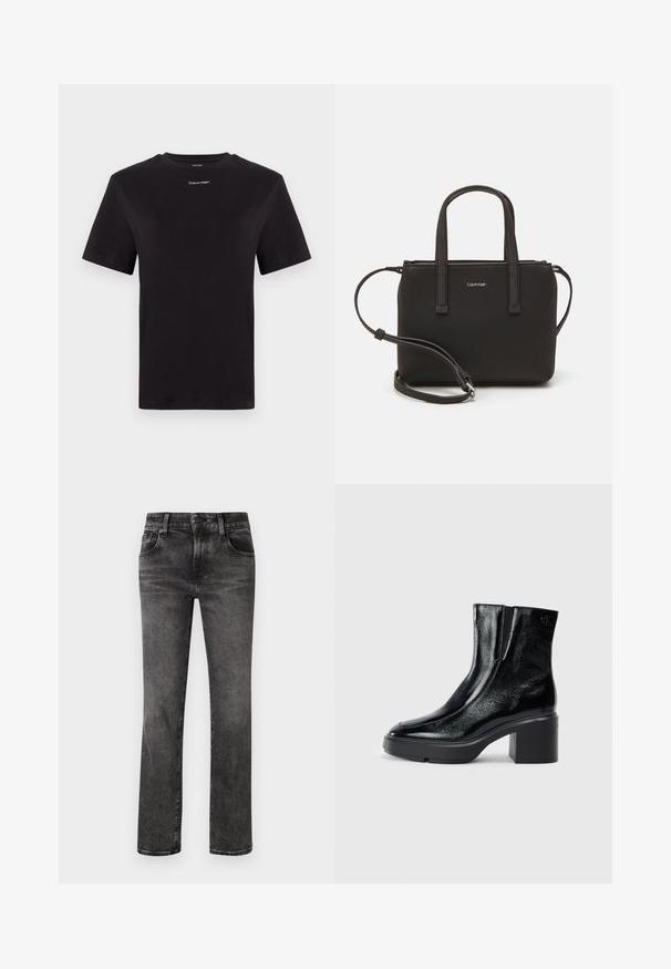 Melna kokvilnas T-kreklu ar īsām piedurknēm, apaļu kakla izgriezumu un nelielu baltu "Calvin Klein" logotipu krūtīs. Gluda tekstūra, klasiskā piegriezuma.; Melna denima džinsi ar taisnu piegriezumu, ar piecām kabatām, pogu un rāvējslēdzēju, kā arī vieglu izbalējumu audumā.; Melnas lakotas ādas potītes zābaki ar izliekto purngalu, elastīgām sānu paneļiem un masīvu blokveida papēdi. Aizmugurē ir izsistā logo.; Melns roku soma ar divām īsām rokturiem un noņemamu plecu siksnu. Gluda ādas līdzīga materiāla ar rāvējslēdzēja aizdari un logos detaļu.
